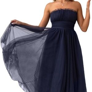 Tulle Strapless Tutu Dress Lace Mesh A Line Swing Midi Dress